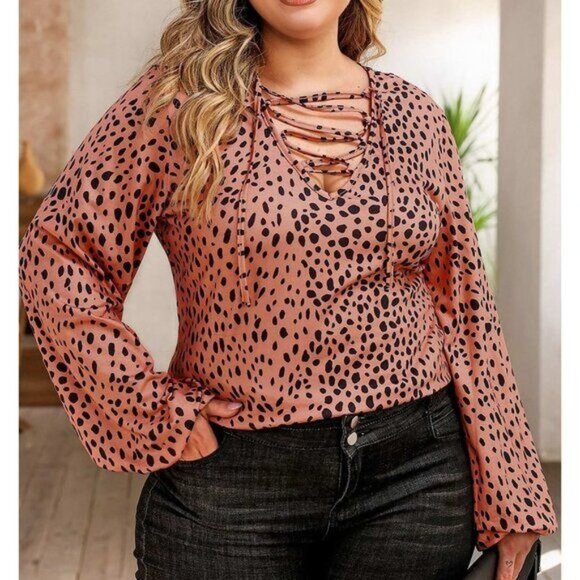 Leopard Print Lace Up Top 2X (3737) - Picture 1 of 6